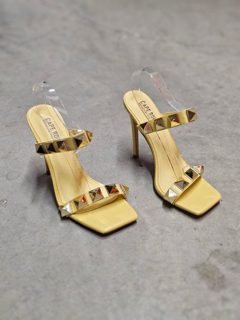 Yellow Studded High Heel Sandals With Straps & Square Toe Design For Women - Picture 3 of 15
